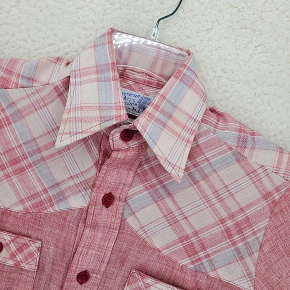 Vtg 60s Shirt Men S 14 14.5 Button Up SS Solid Plaid Western H.I.S. 2 Pocket - Picture 7 of 13